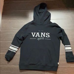 Black vans hoodie with white stripes on the sleeve